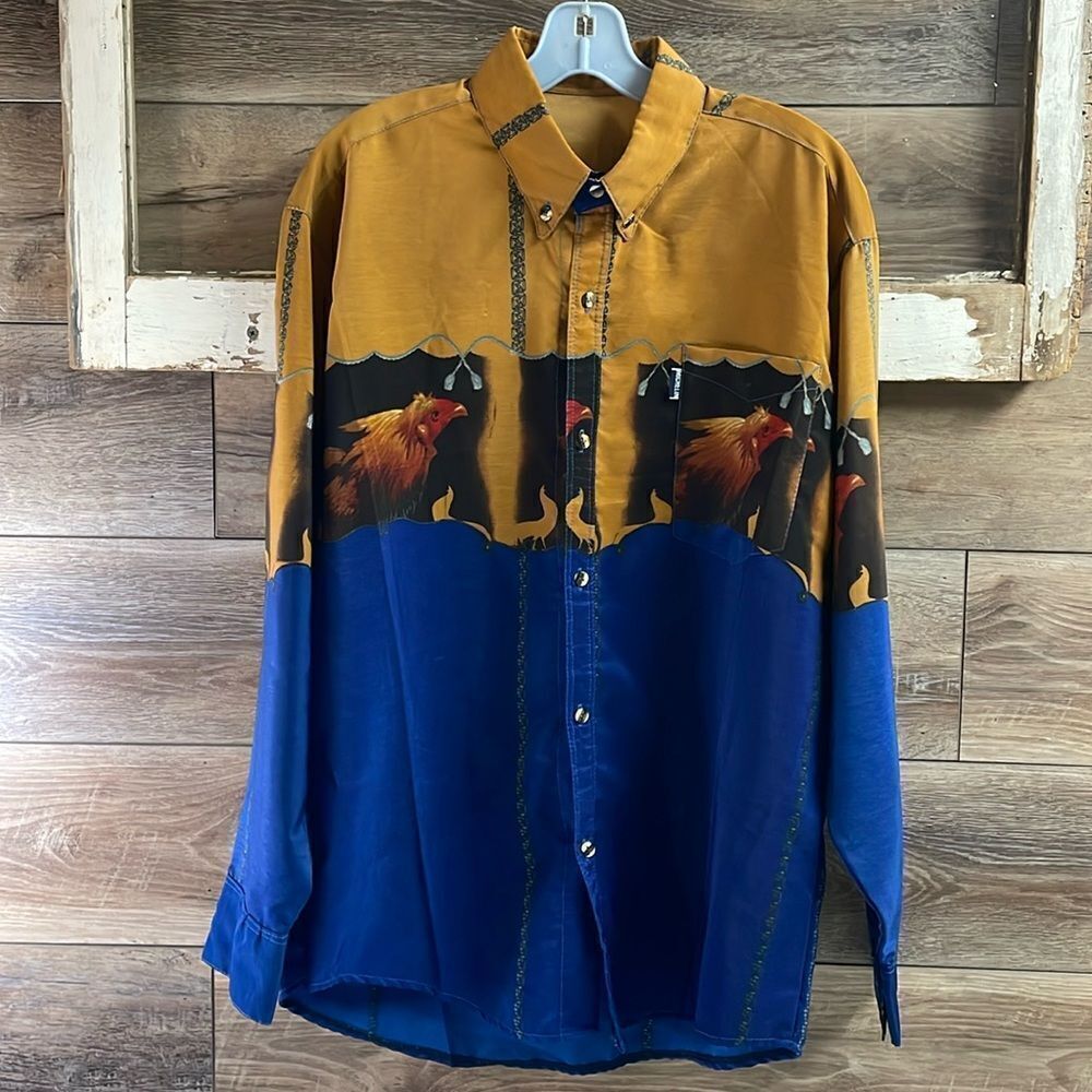 MICHELIN Mens Western Roper Country Rooster Graphic Dress Shirt Blue Gold Red